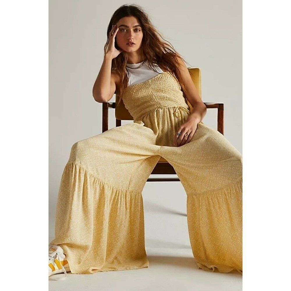 NEW FREE PEOPLE LITTLE OF YOUR LOVE JUMPSUIT SMOCKED WIDE LEG ONE PIECE